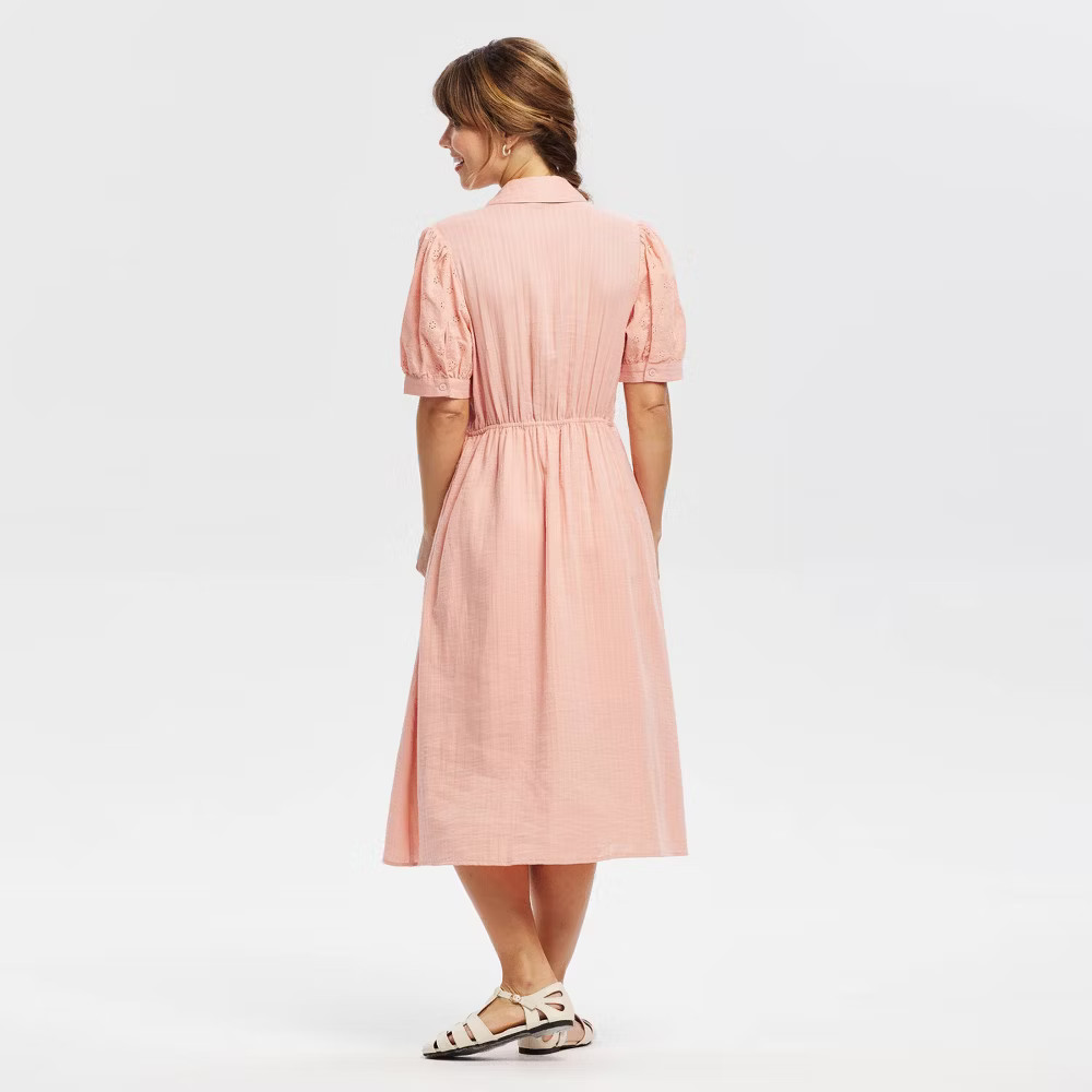 Women Puff Short Sleeve Eyelet Midi Shirtdress – Universal Thread Pink M