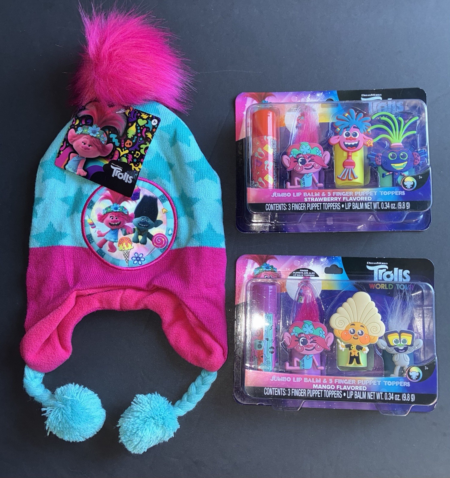Trolls Poppy & Branch Girls Fleece Ear Flap Hat Pom Pom Stars Pink/Blue OS