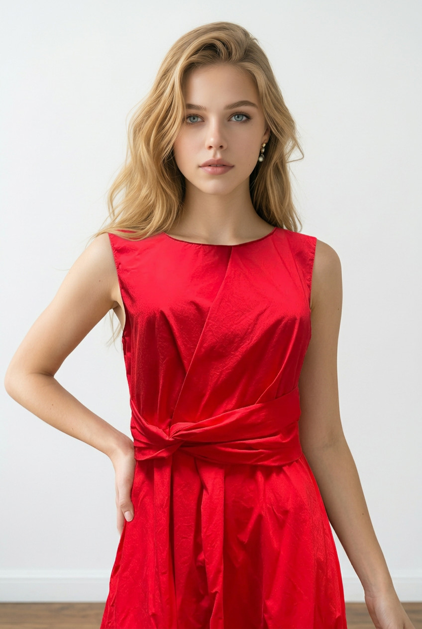 Sandro Ferrone women’s red sleevless midi dress tie waist A-line cotton summer S