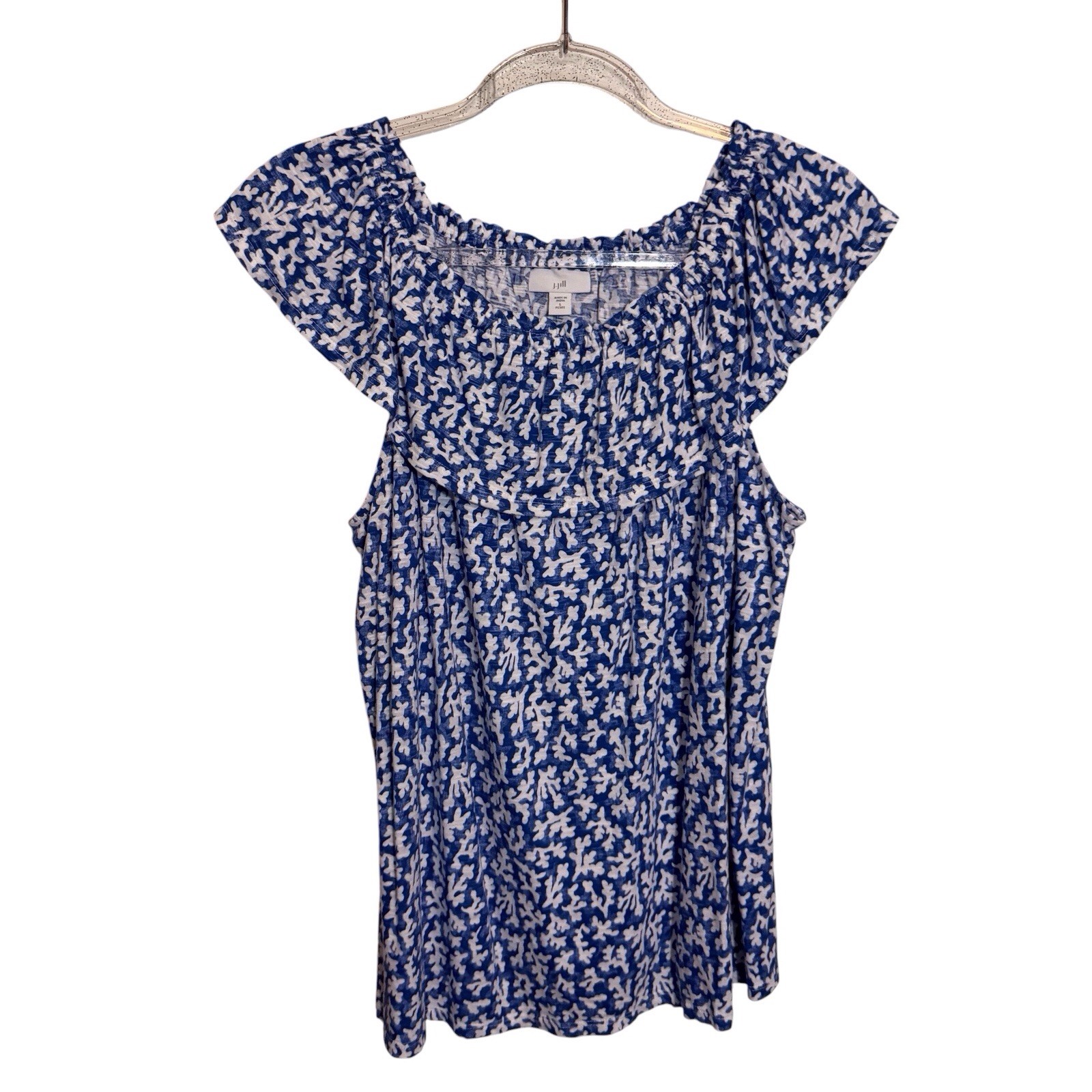 J. Jill NWT Large Petite Blue White Floral Ruffle Top Beach Vacation Stretch
