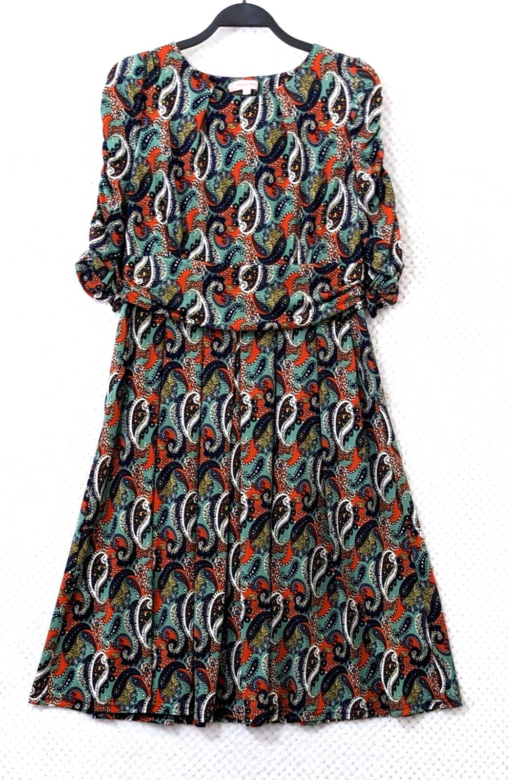 JOLIE MOI Green Multi Paisley Fit Flare Midi Dress UK 16 Ruched Sleeve Occasion