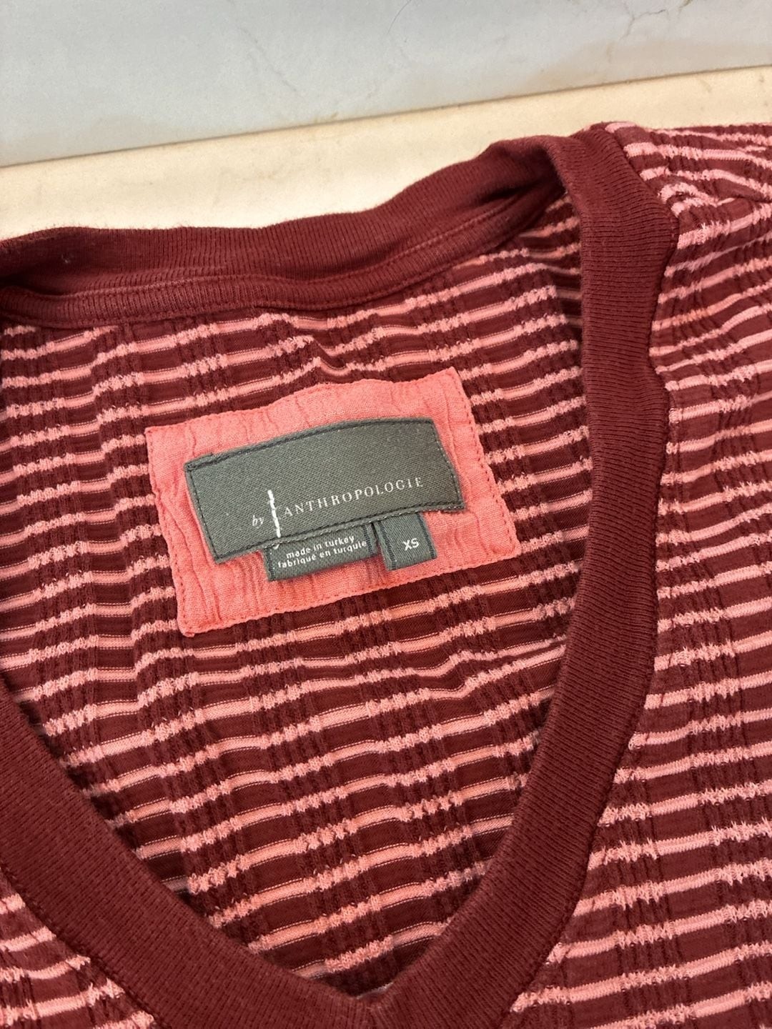 Anthropologie Hannah Striped V-Neck Ribbed Knit Top in Red and Pink