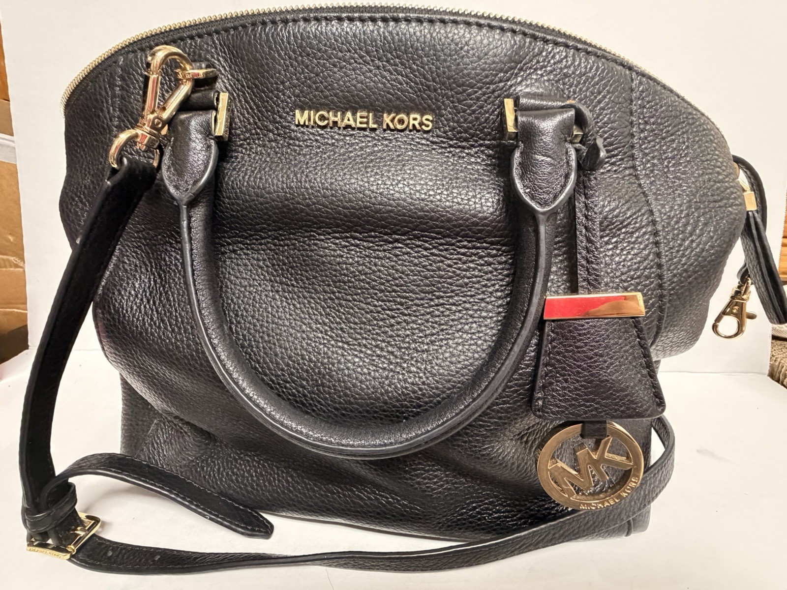 Michael Kors Black Pebbled Satchel Top Handle, Detachable Strap, Gold Hardware