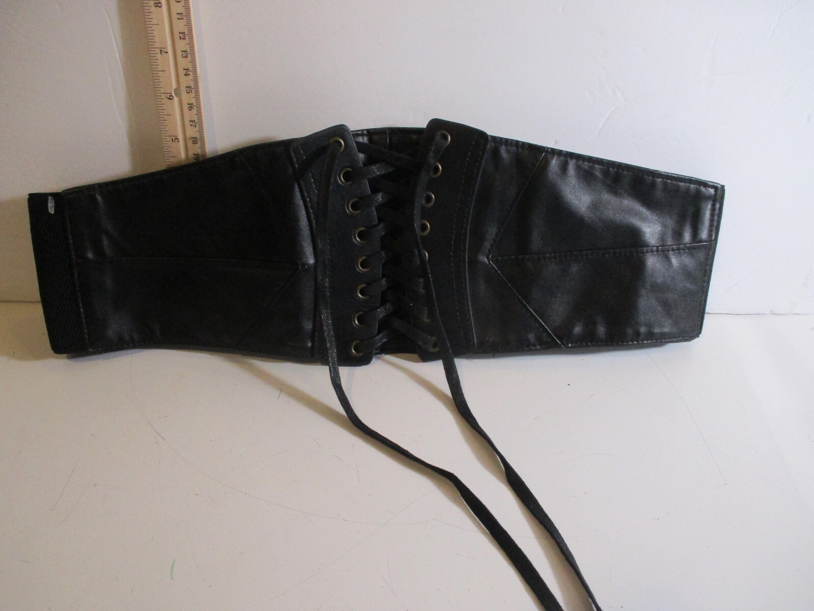 Black Faux Leather Elastic Lace Up Snap Corset Stretch Belt Women 4.5″ W X 35″ L