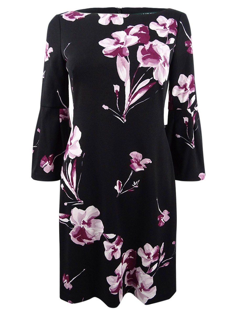 Lauren by Ralph Lauren Women’s Floral-Print Bell Sleeve Dress (4, Black Multi)