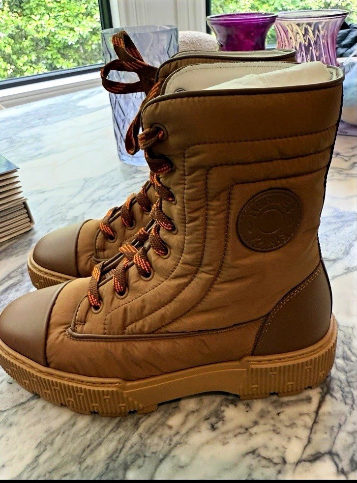 Hermes Brown Desert Ankle Boots Lace-Up Round Toe Nylon Upper Rubber Sole 6