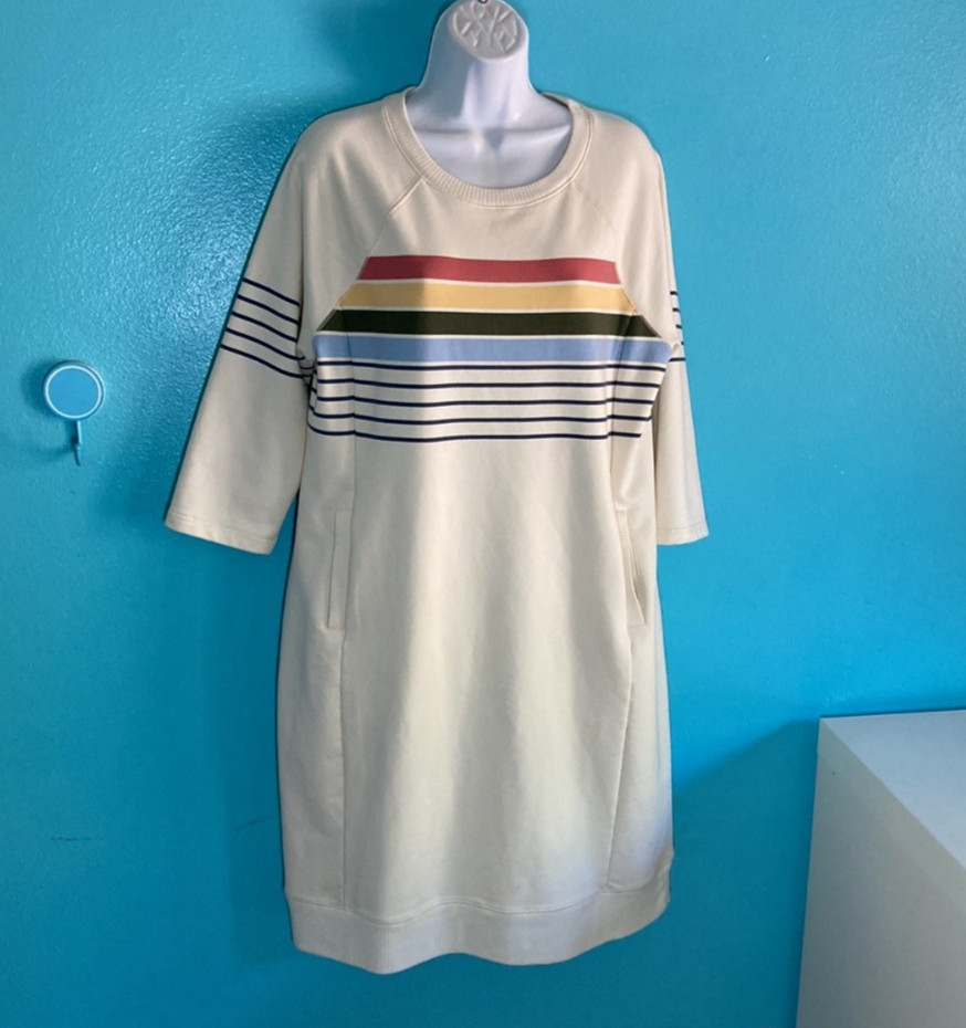 L.L. Bean Womens Size M / L Off White Striped Pullover Cozy Sweatshirt Dress