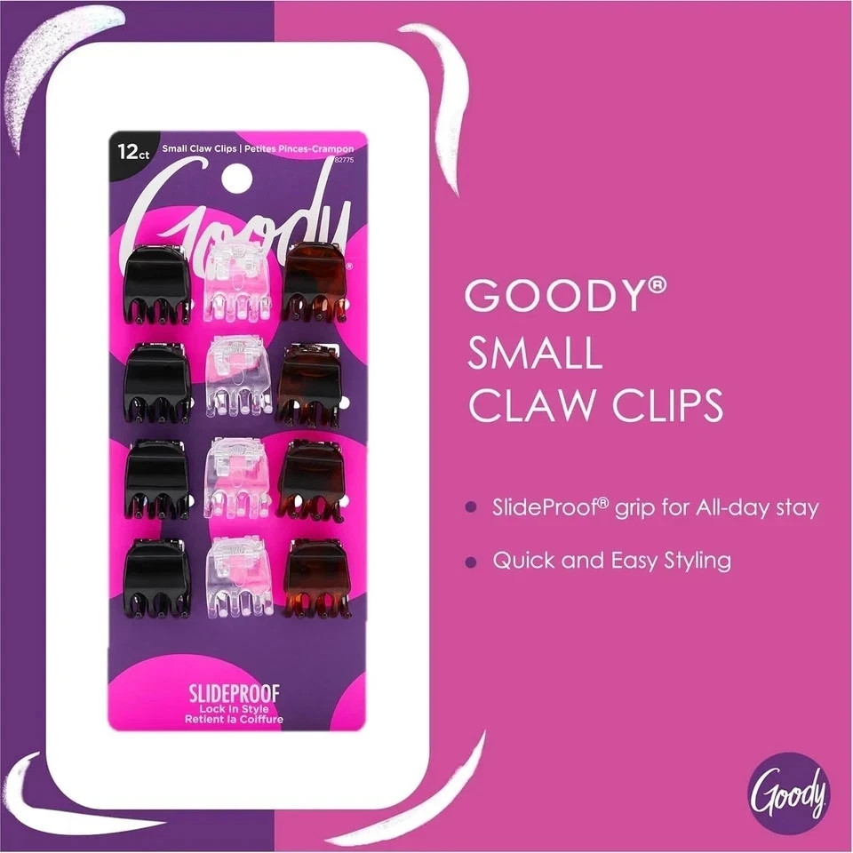 Goody Small Basic Half-Claw Hair Clips, 12-Count – 3-Prong Black,Clear,Brown