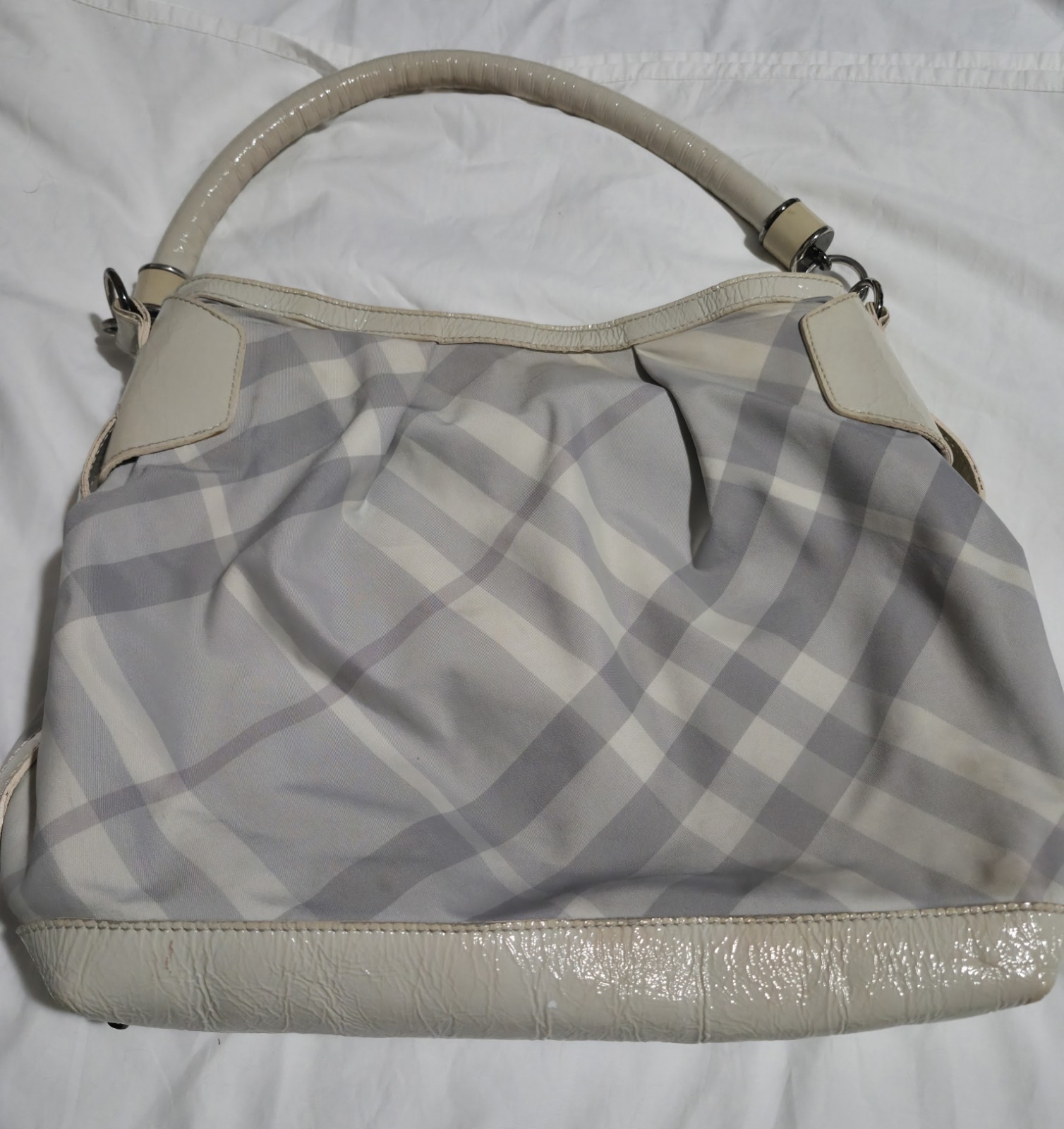 Burberry Checked Gray Nylon & Trimmed Smoke Patent Leather Shoulder Hobo Bag