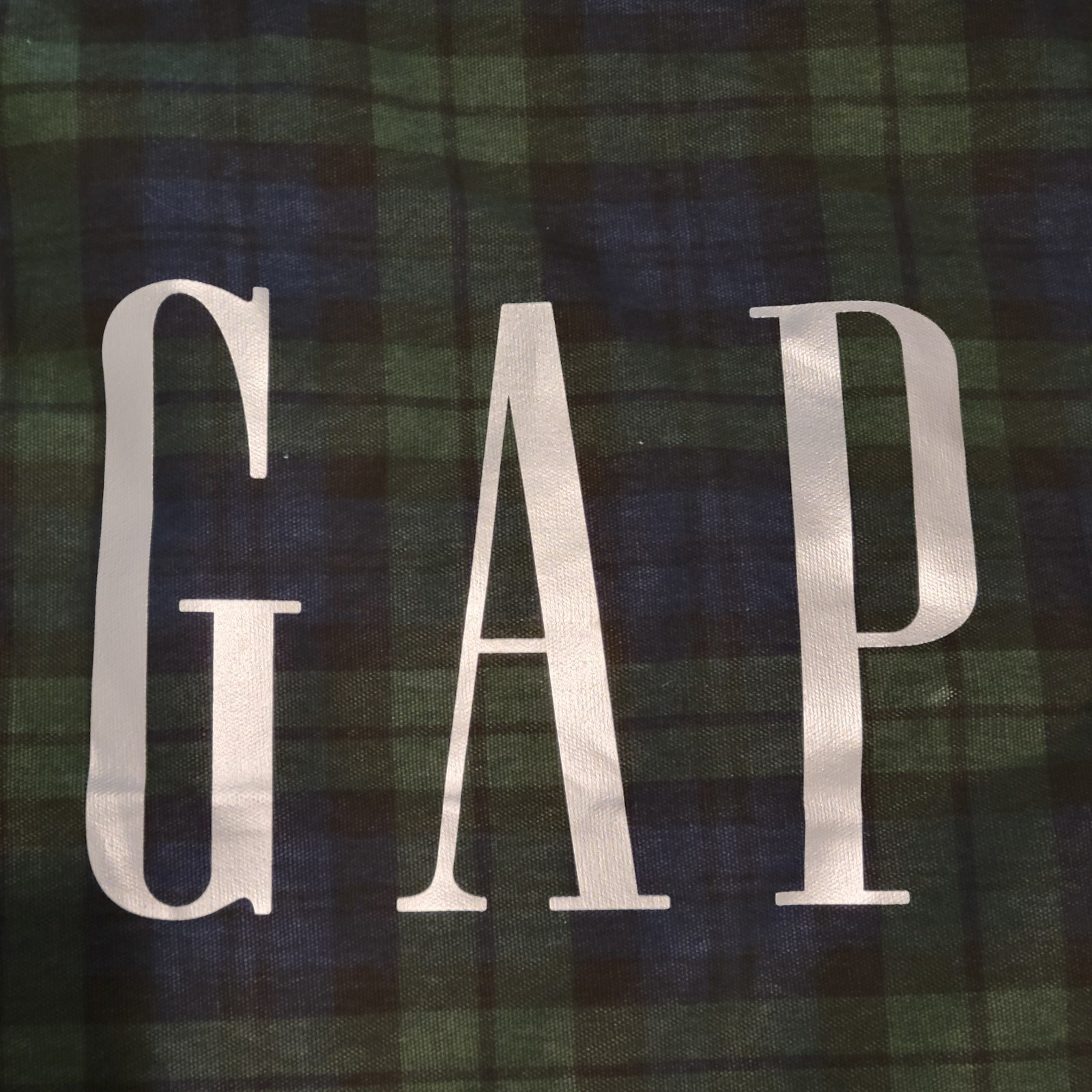 Gap Tote Bag Tartan Plaid Green Silver Logo Cotton 16 x 11 x 4.5 inches