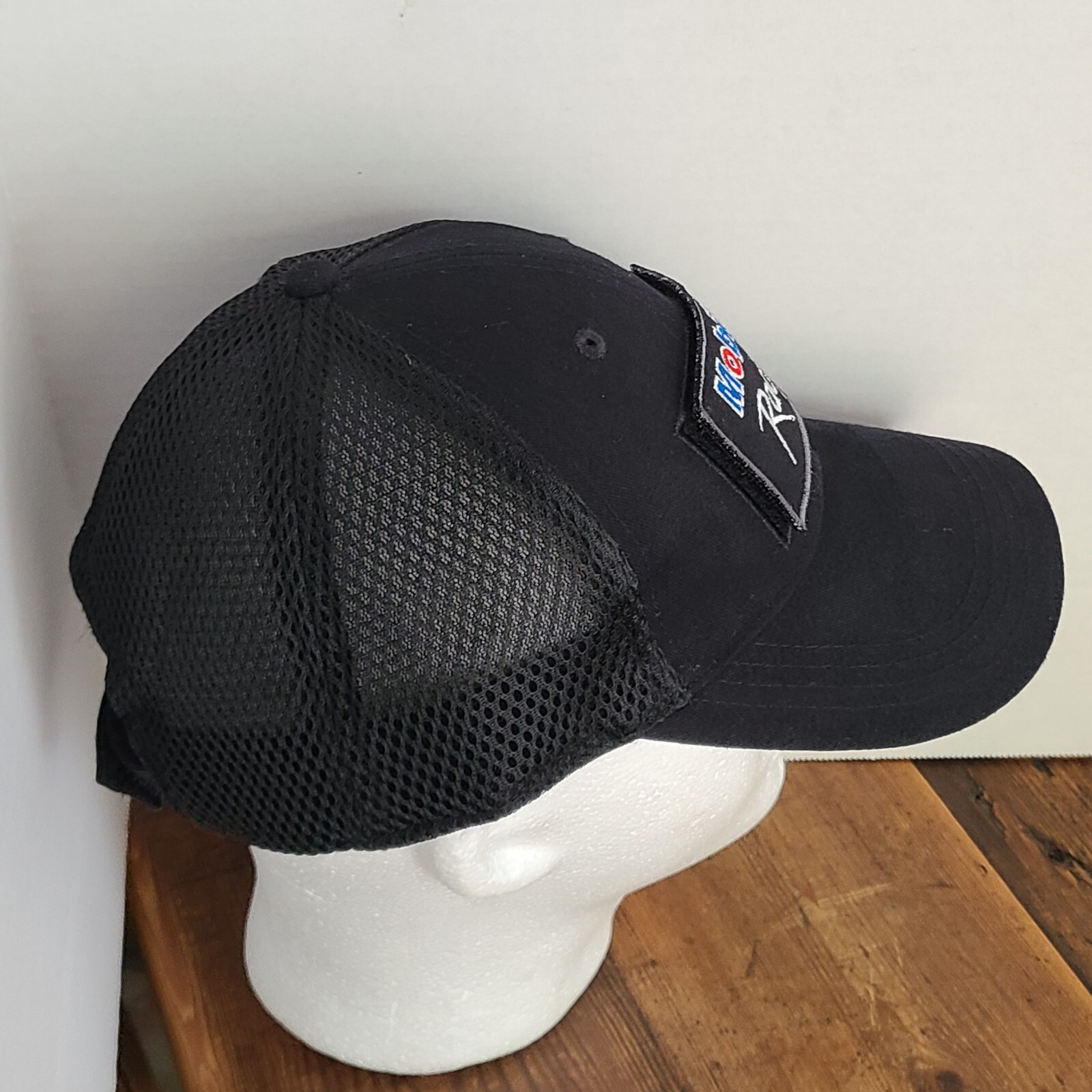 Mobil 1 Black Cap Adjustable Strap Back Hat Red White Blue Embroidered Letters