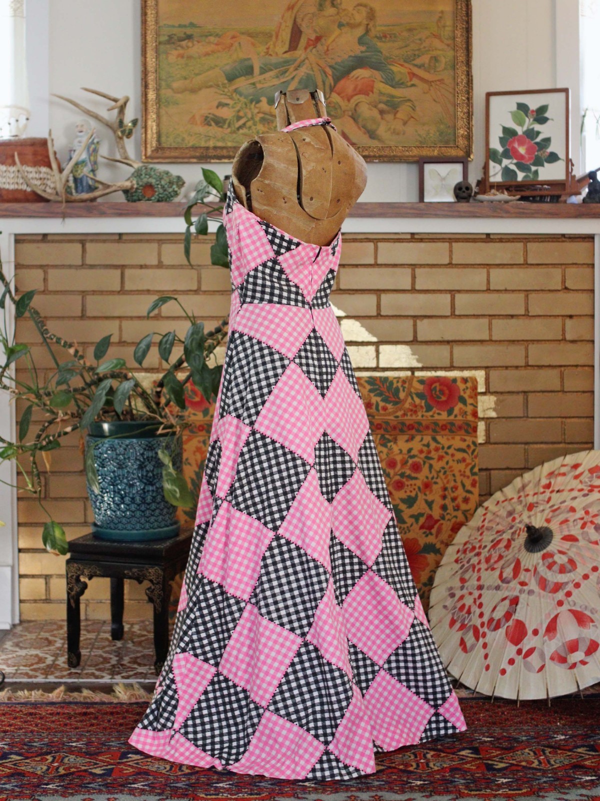 VTG 1960s Cotton Gingham Check Print Pink Black White Halter Maxi Party Dress