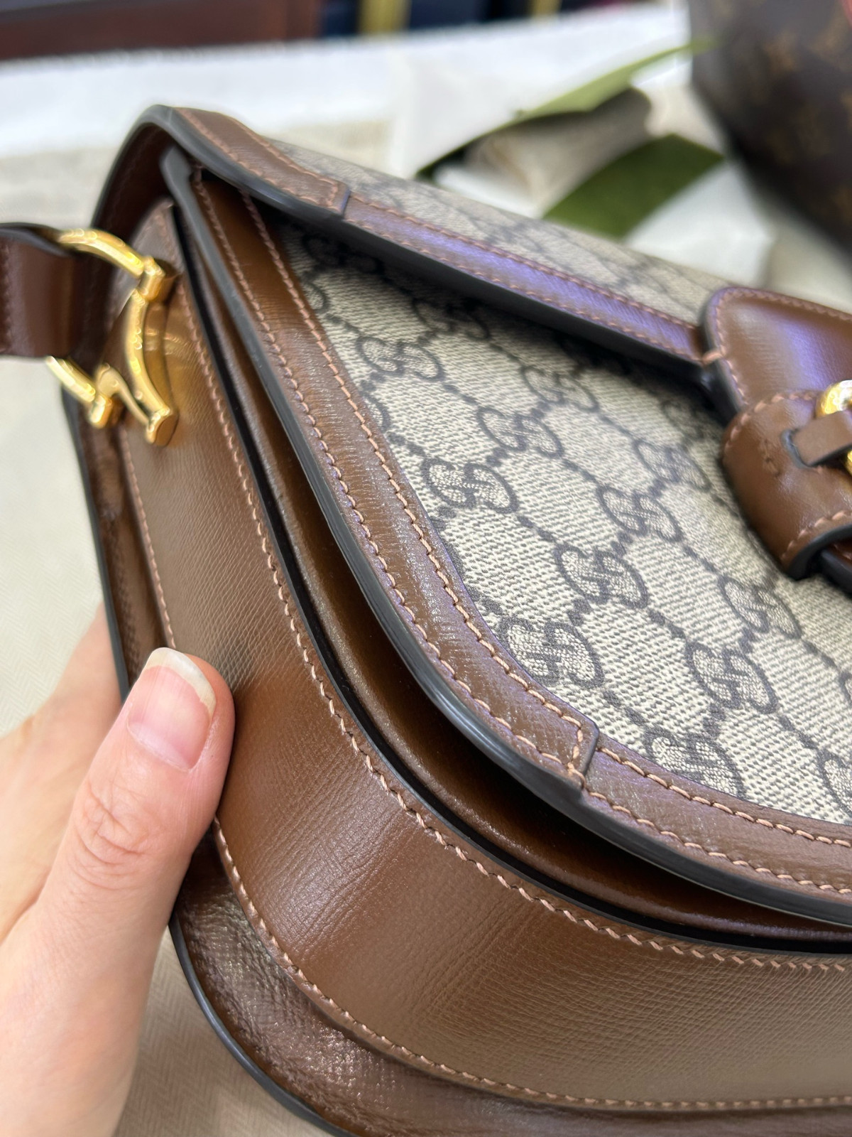 Authentic Gucci Horsebit 1955 GG Supreme Canvas and Leather Shoulder Bag Brown