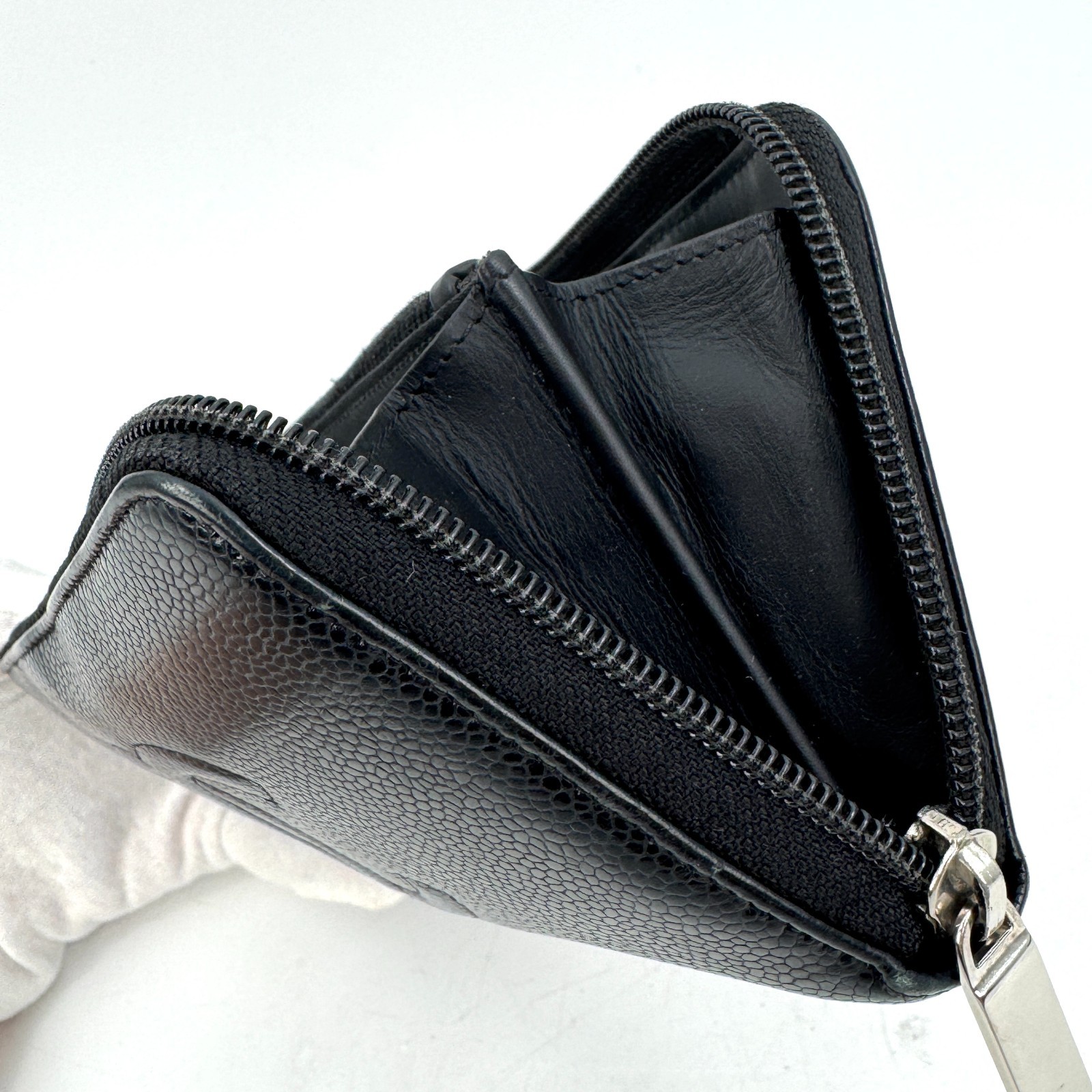CHANEL Black Caviar Skin Leather Zip Around Wallet COCO Mark Authentic