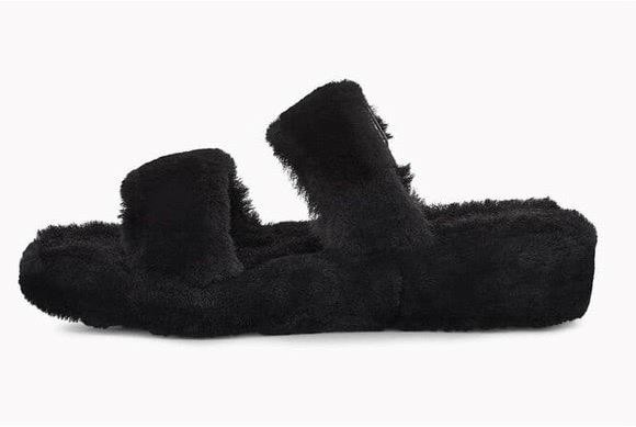 New NIB Ugg Fuzz Yeah Black Shearling Sheepskin Slipper Sandals Slides Women