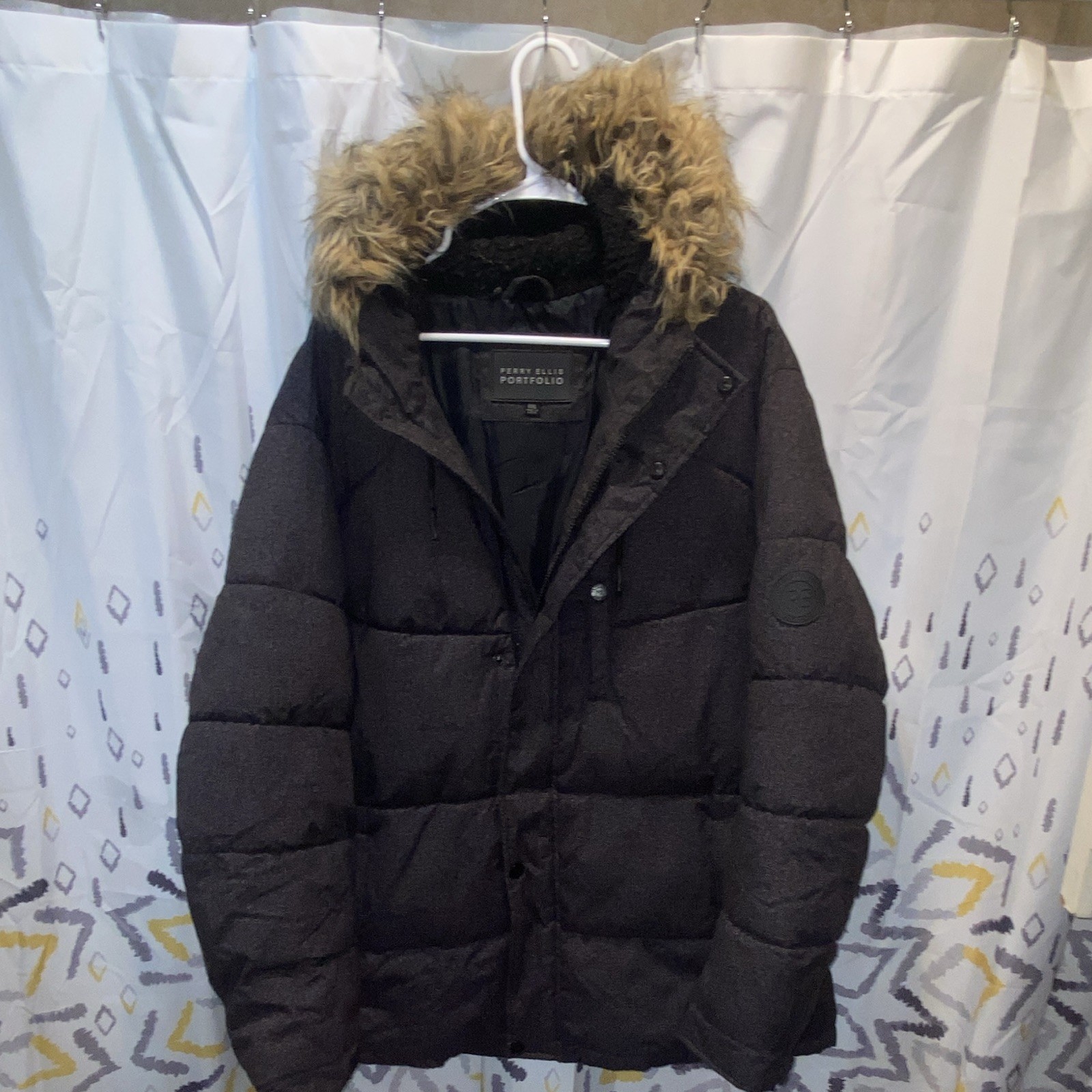 Perry Ellis Portfolio Men’s XXL Gray Hooded Puffer Jacket Full Zip Fur Trim