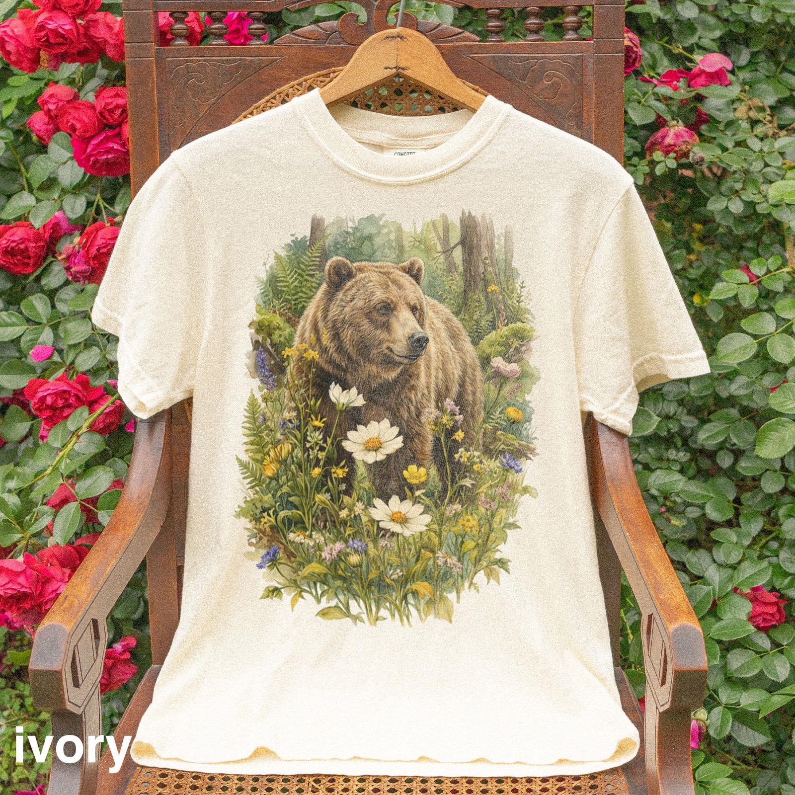Vintage Floral Bear Graphic Tee Rustic Woodland Wildlife Shirt