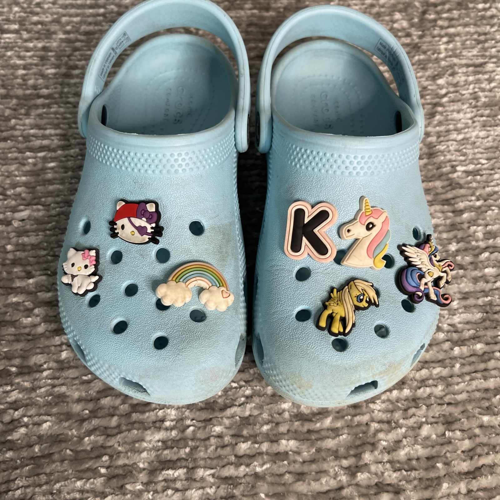 CROCS Sz 12 Blue Classic Clogs w/ Removable Jibbitz My Little Pony Hello Kitty