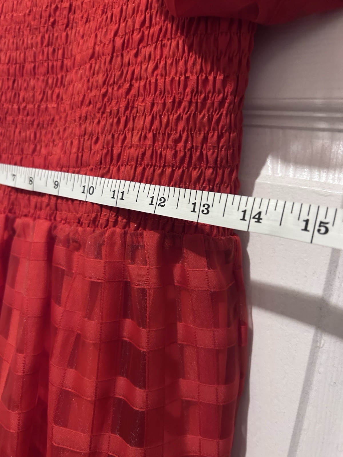 Prettygarden Red Check Smocked Tiered Midi Dress Square Neck Puff Sleeve S