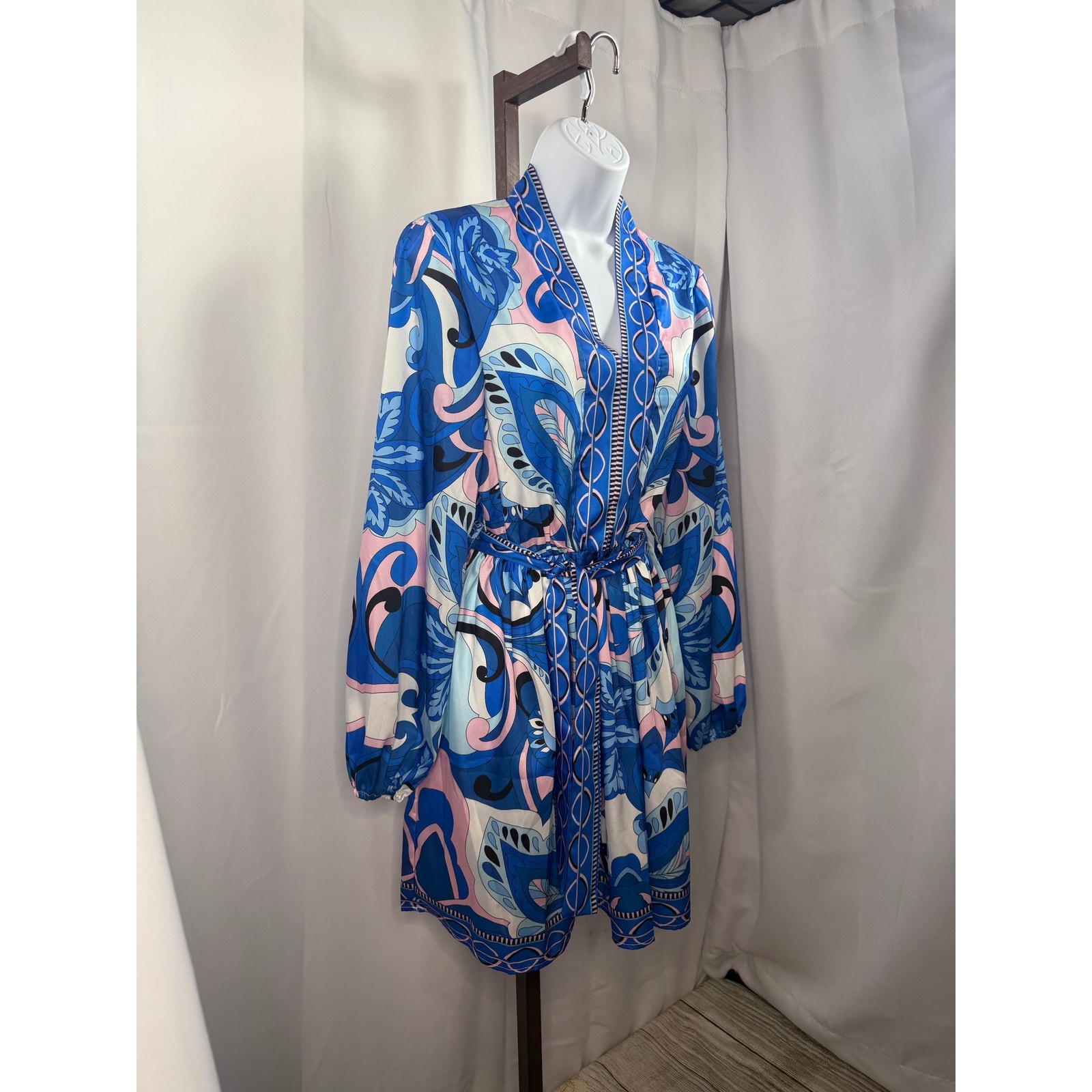 Blue & Pink Paisley Print Tie Waist Mini Dress | Medium