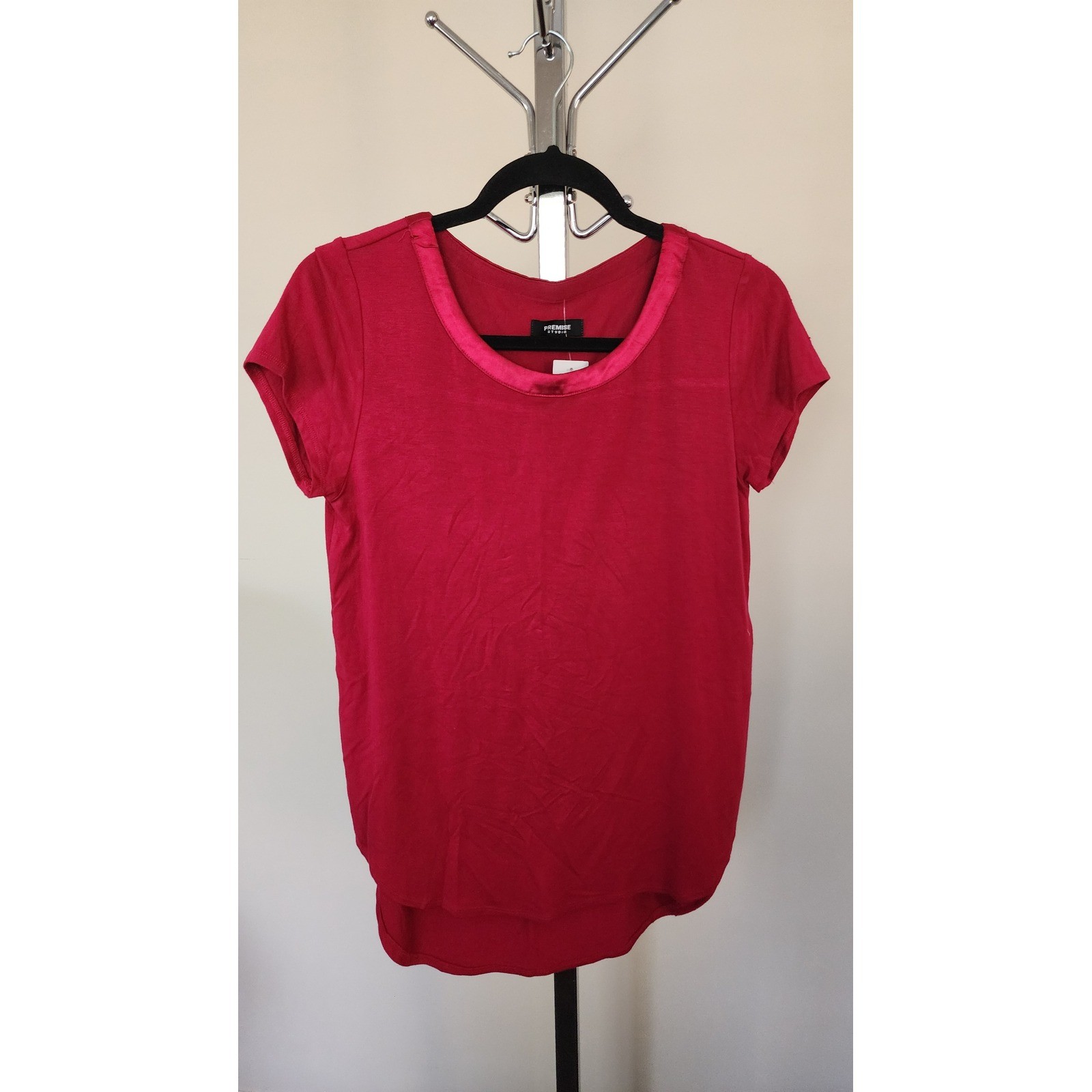 Premise Studio Womens Raspberry Pink Satin Trim Scoop Neck High Low Blouse Top S
