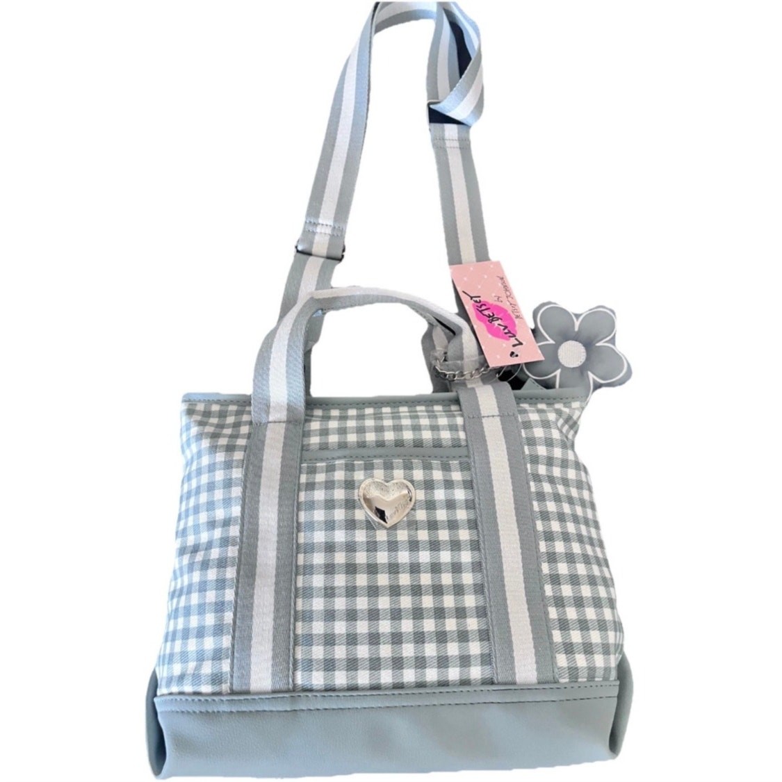 NWT Betsey Johnson Blue/Gray & White Check Crossbody/Tote Bag/Purse