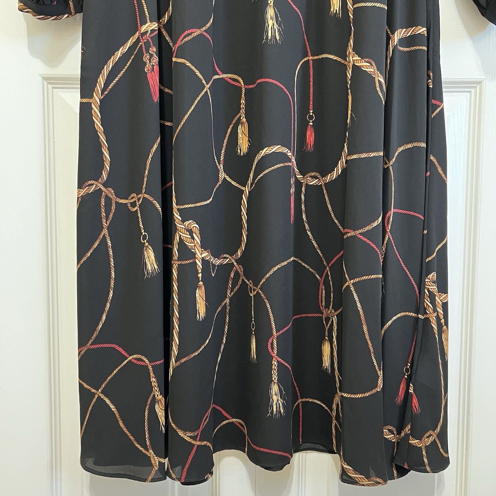 Lauren Ralph Lauren Black Tassel-Print Georgette Tie Neck Midi Dress Size 14