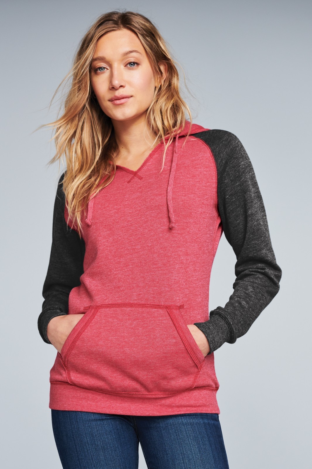 DT296 Women’s Lightweight Fleece Raglan Hoodie Heather deep Royal/Charcoal Sz M