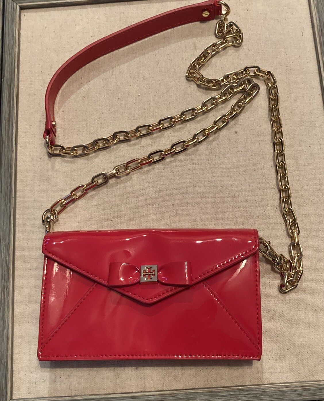 TORY BURCH Shoulder Bag Chain Mini Crossbody Ribbon Logo Patent Leather Red