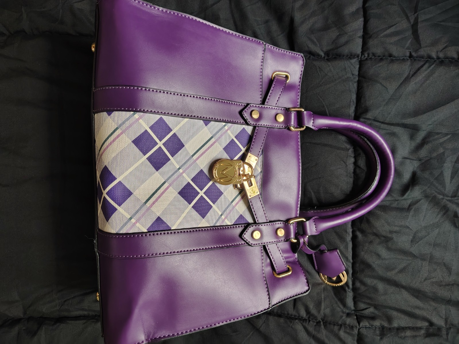 Michael Kors Collection Purple Plaid Medium Satchel Zip w/ Coin Purse Charm