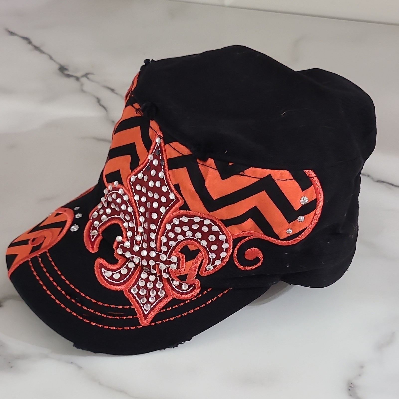 Leader Baseball Cap Chevron Fleur-de-lis Black Orange Red Adjustable One Size
