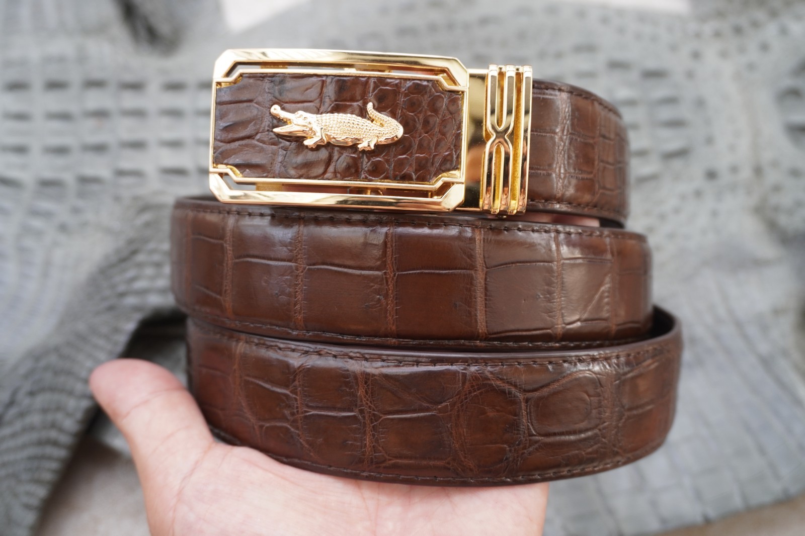 W1.3 inch Brown Genuine Crocodile Belly Leather Skin Men’s Belt Buckle #R62