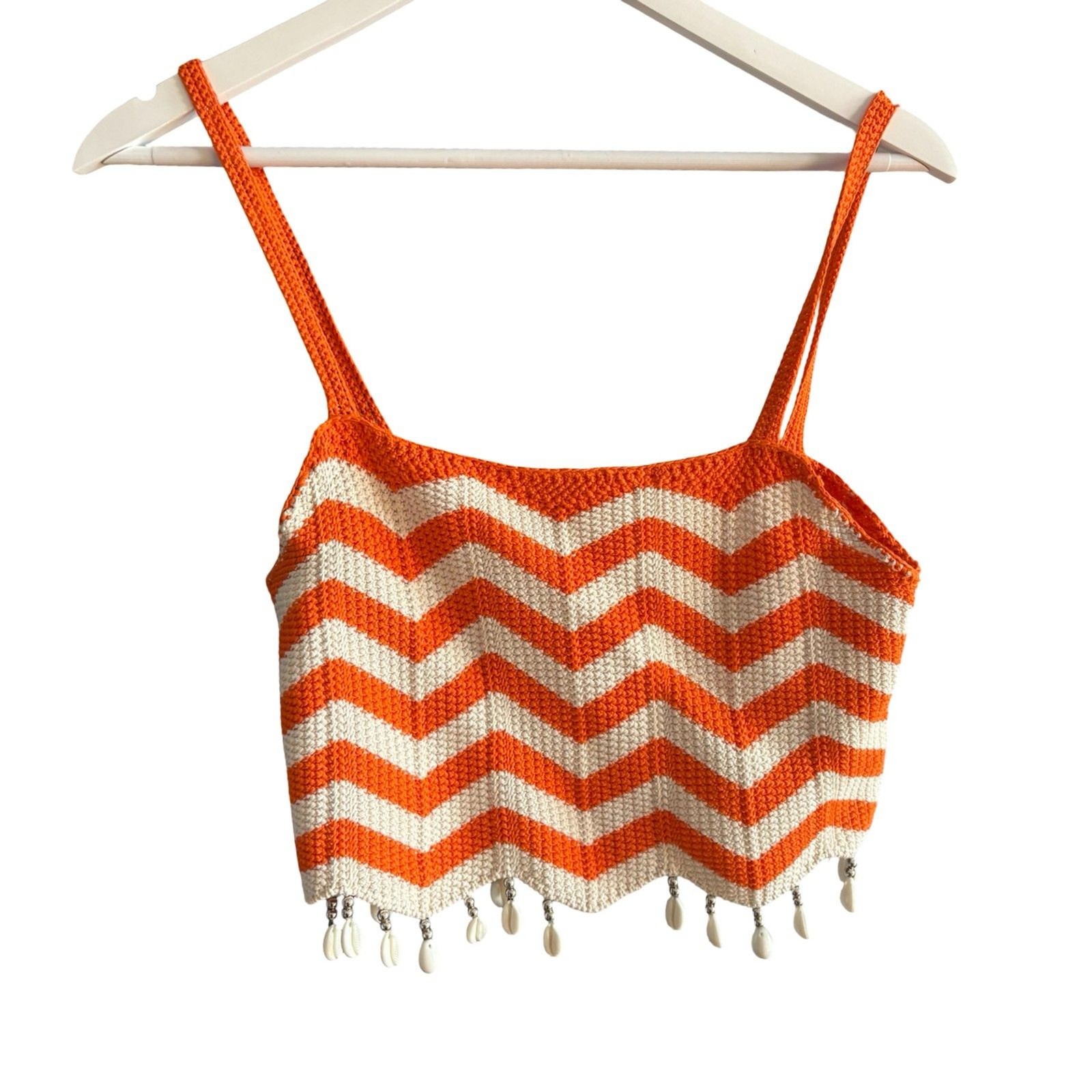 Sandro NWOT Cassandre Chevron Stripe Knit Crop Top Orange White Beaded Sz 0 / S