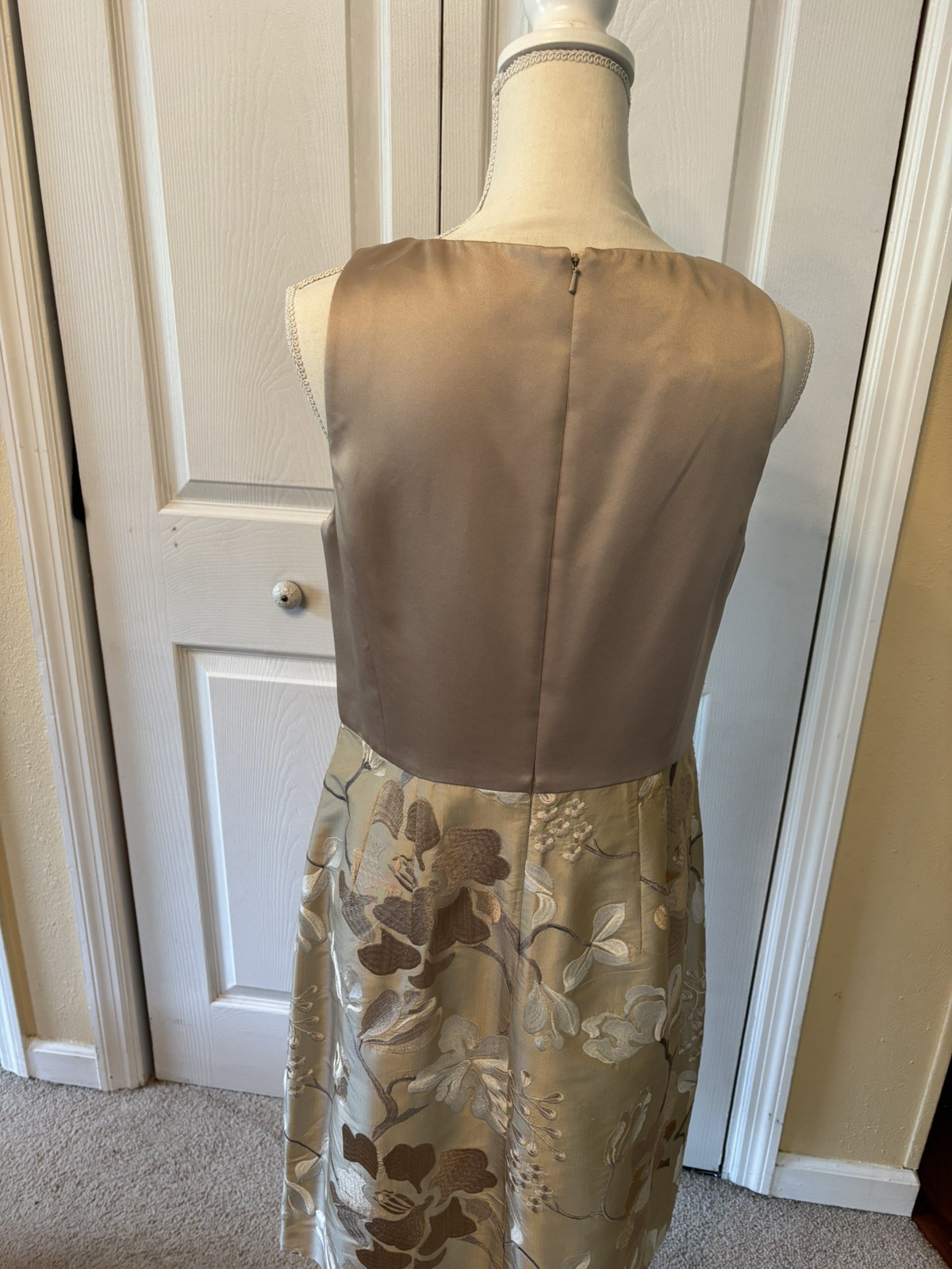 Kay Unger Satin Dress with Solid V Neck Top and Floral Brocade Bottom