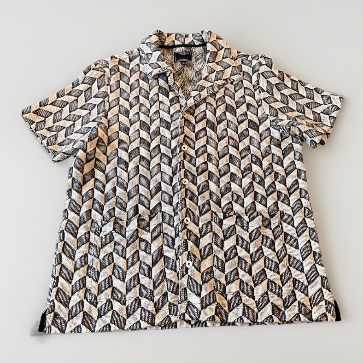 Todd Snyder Shirt Mens Large Black Geometric Knit Button Up Short Sleeve Pockets