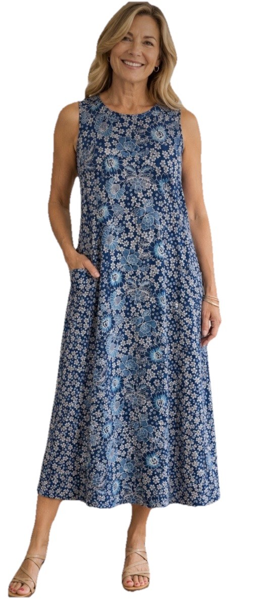 J Jill Blue Floral Maxi Dress Stretch Knit Boho Cottagecore Pockets Size Small