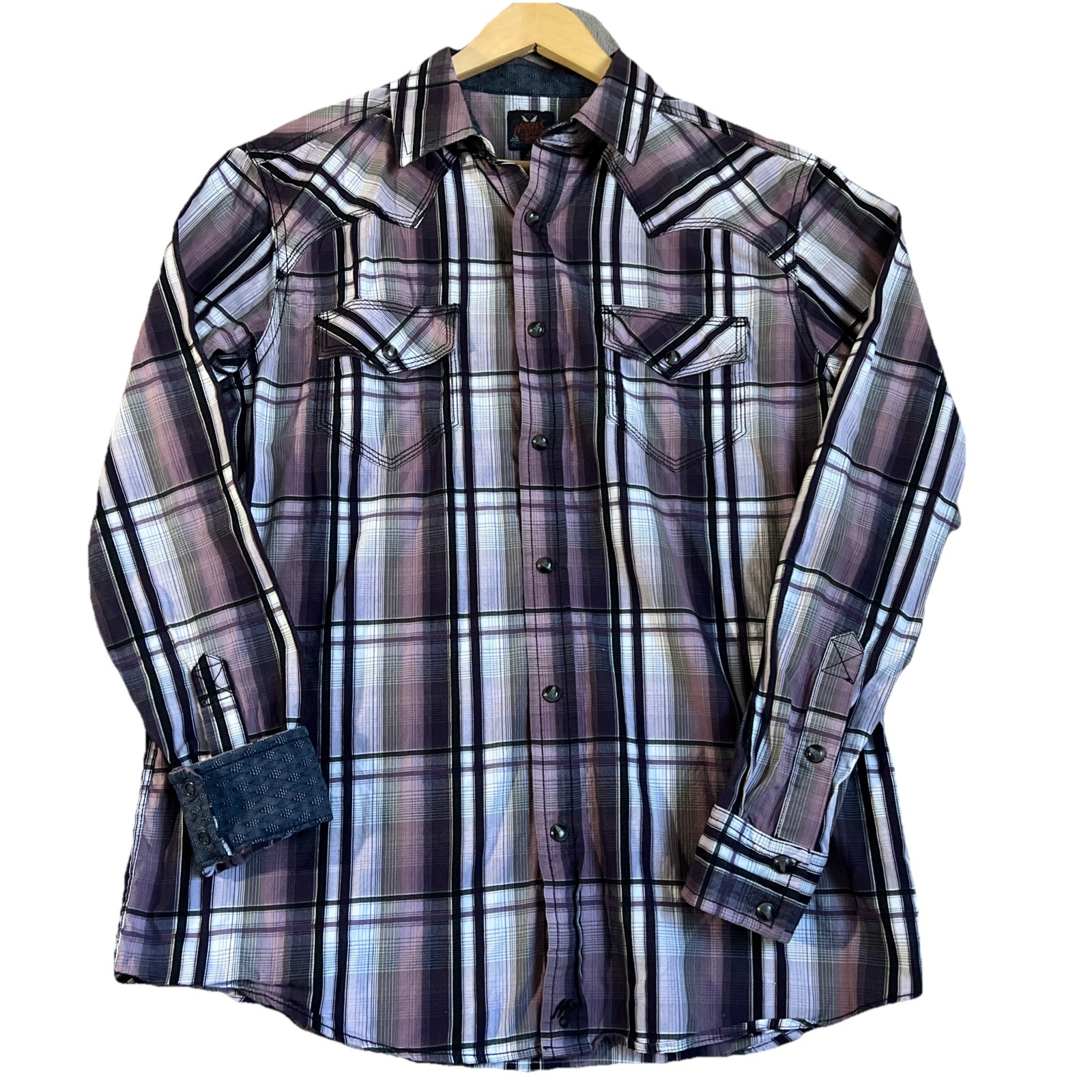 Moon Shine Spirit Western Shirt Mens Small Purple Plaid Pearl Snap Rodeo Cowboy