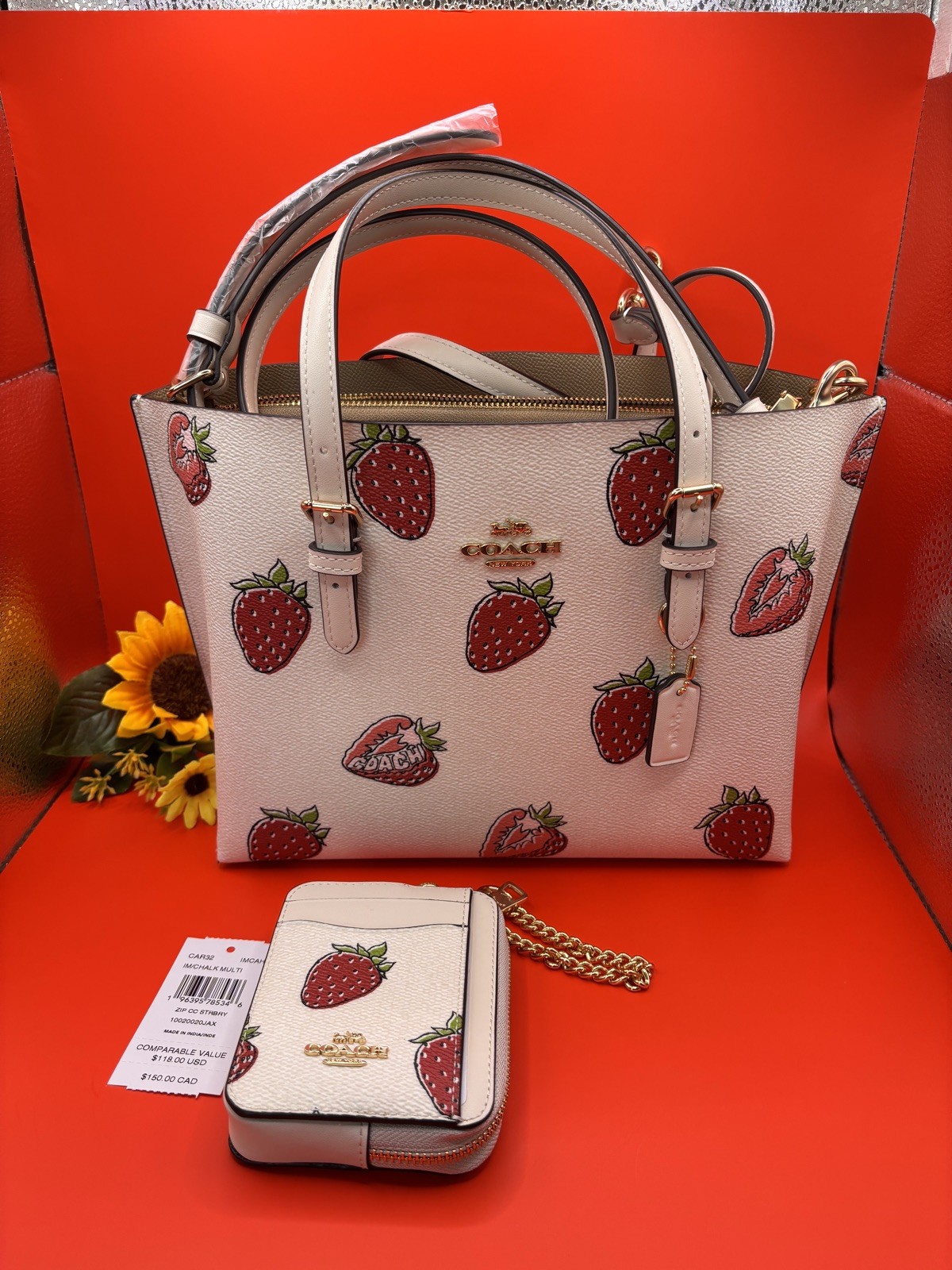 NWT Coach Mollie Tote Bag 25 🍓Print & Coach Zip Card Case in Gold/ Chalk Multi