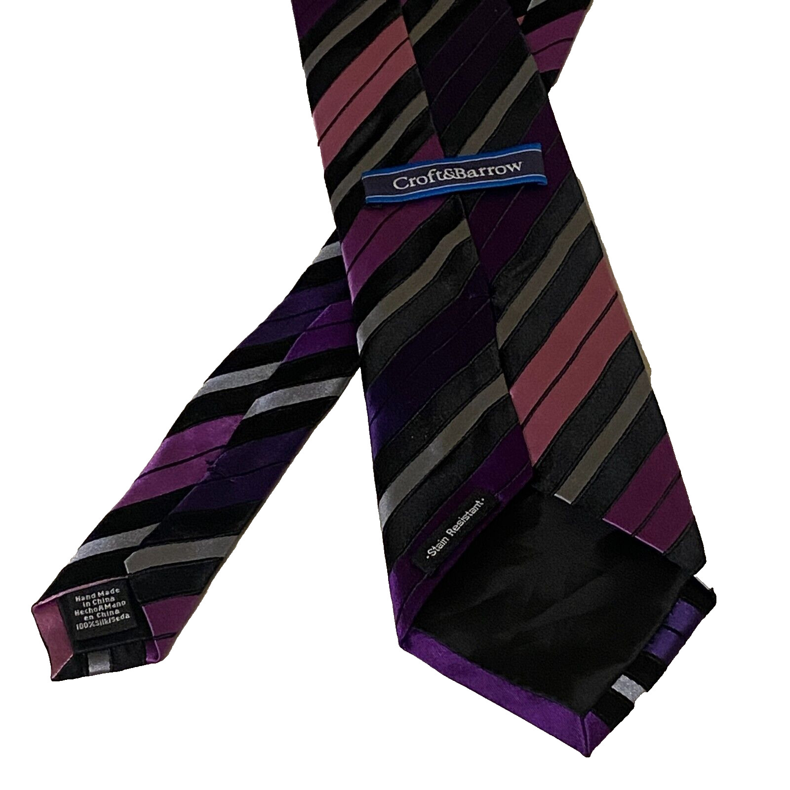 Croft & Barrow Silk Tie Purple/Black/Silver Stripes – Classic Style – GUC
