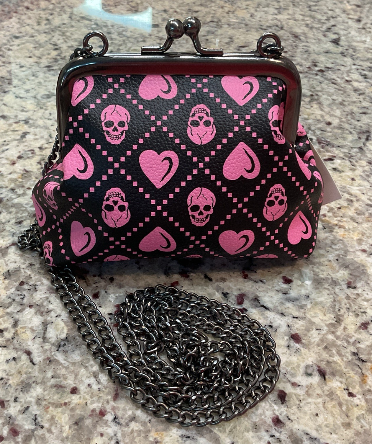 ED HARDY Skeleton Black Coin Bag Faux Leather kiss-lock closure Crossbody Chain
