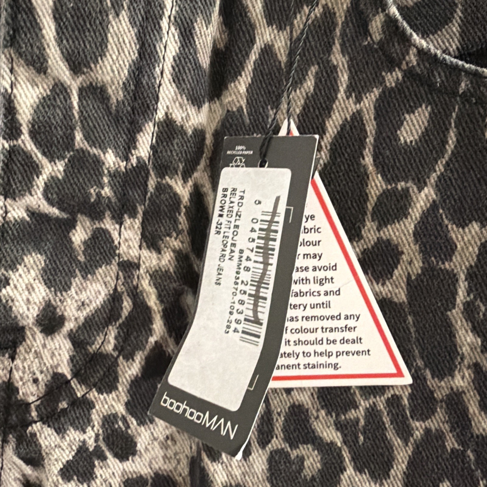 NWT~BoohooMAN Men 32 RELAXED FIT Jeans LEOPARD Y2K Streetwear Denim Pants