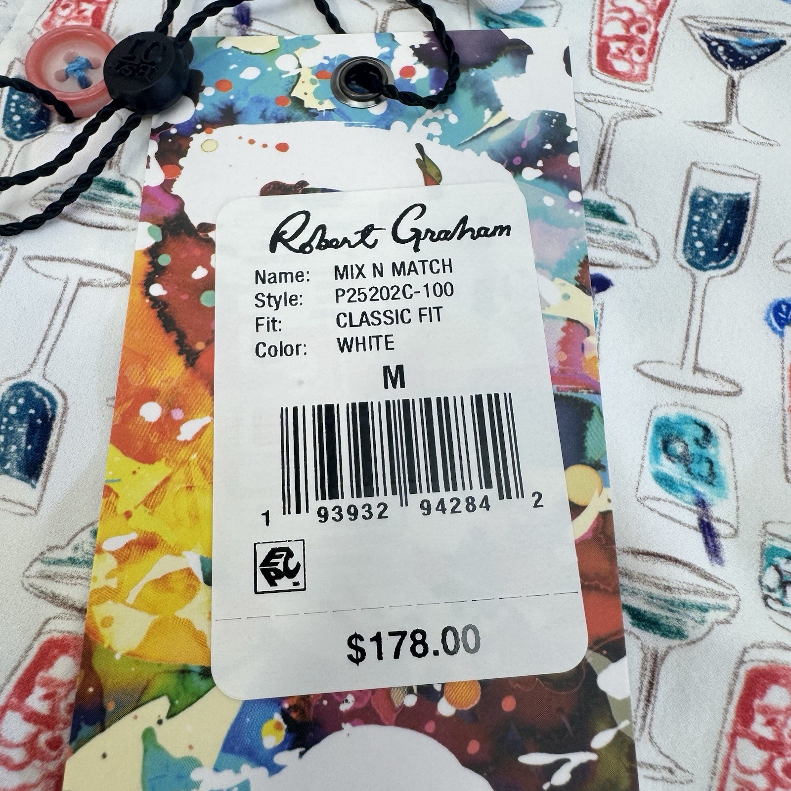 NWT Robert Graham MIX N MATCH Cocktail Martini Print Button Shirt White MED $178