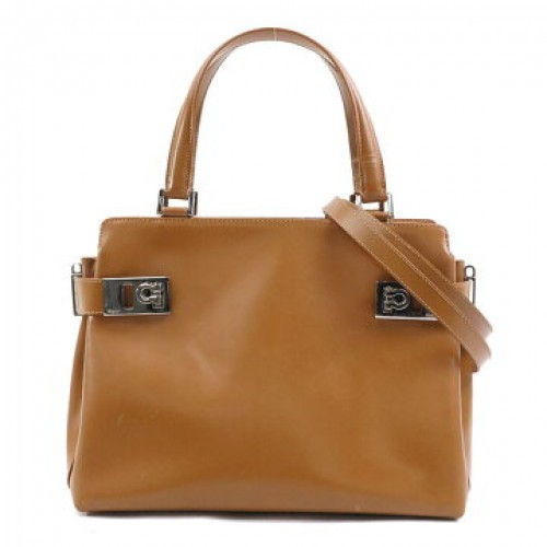 FERRAGAMO Gancini 2-Way Bag Camel Leather Handbag H7.4 W9.8 D4.5 Strap 34.8in