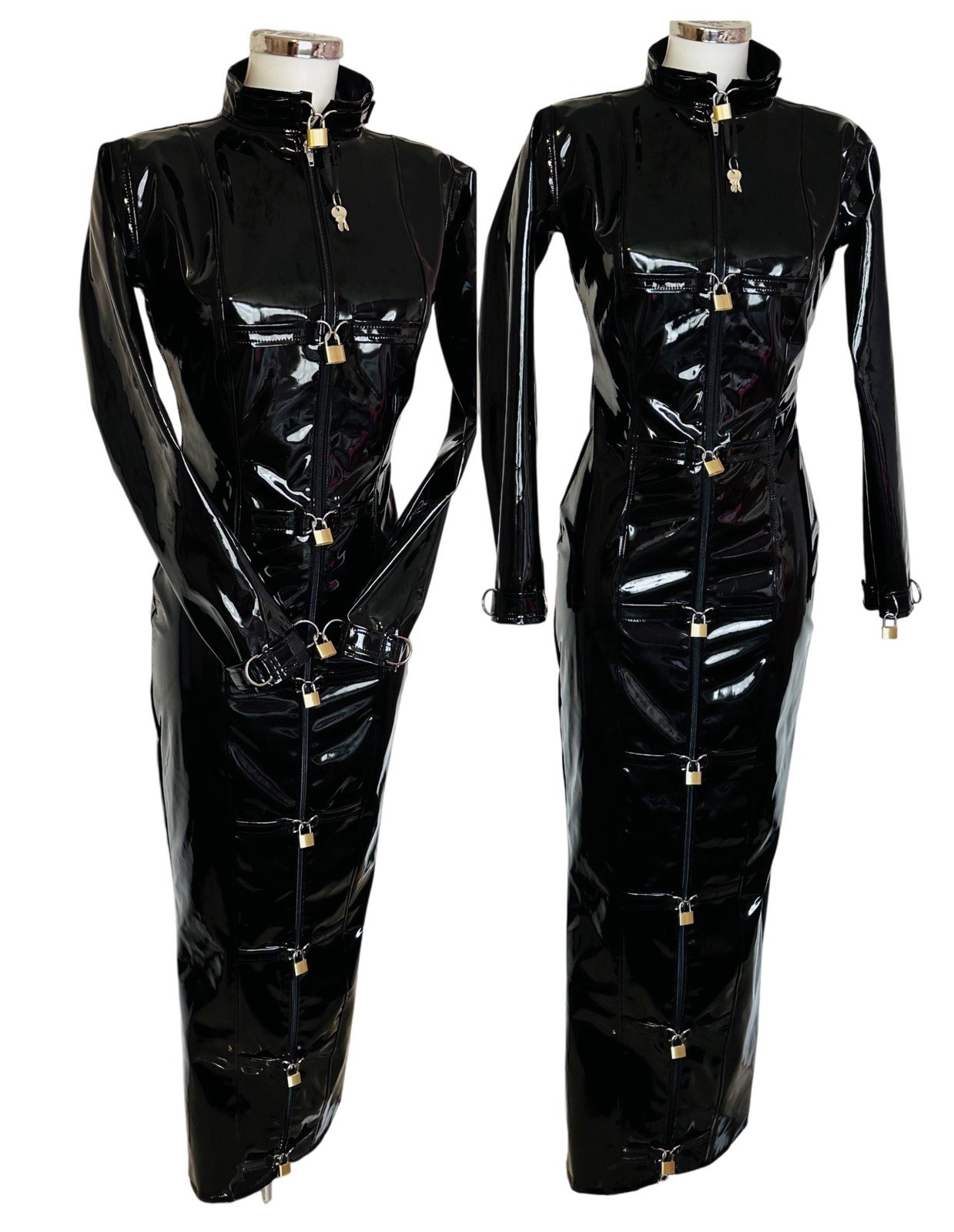 Misfitz blk PVC padlock hobble dress, lockable cuffs. Two way zip. SIZE 24. CD