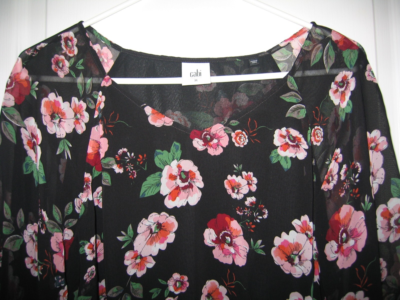 Cabi Red Floral Print Blouse Size M Medium Black Sheer 3595 Top Lined