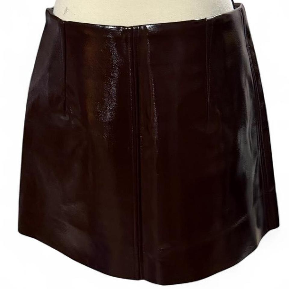 Common Sense Brown Faux Leather Mini Skirt XL A-Line Front Zip Pockets Shiny