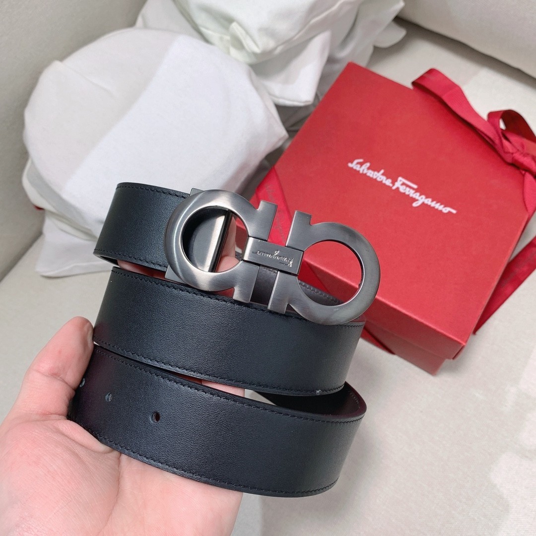 Reversible Salvatore Ferragamo Belt Gancino Mens 1.38inch Gunmetal Buckle