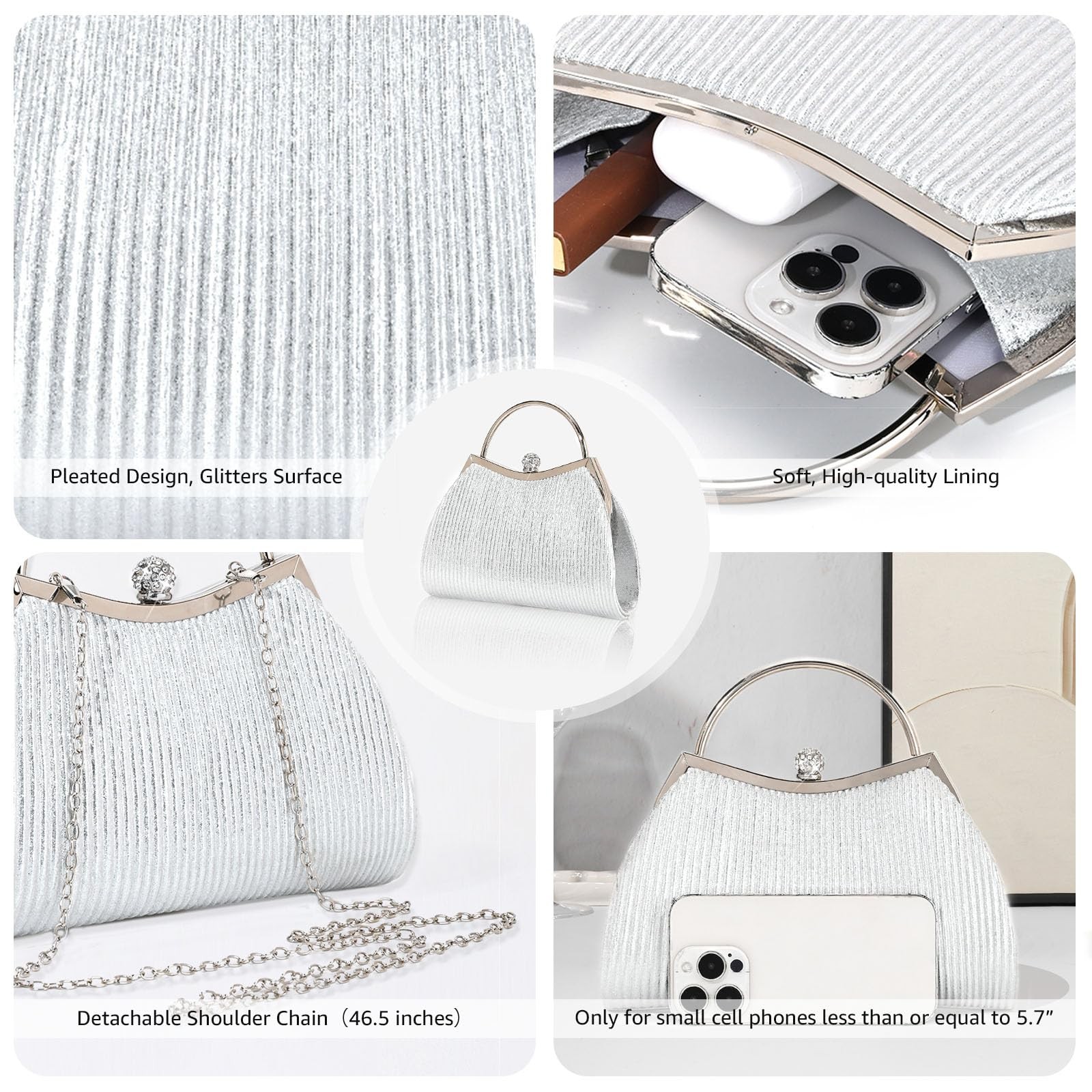 AIBAOWU Evening Bag for Women Sparkly Silver 9.3 x 7.7 x 2 inches, Y