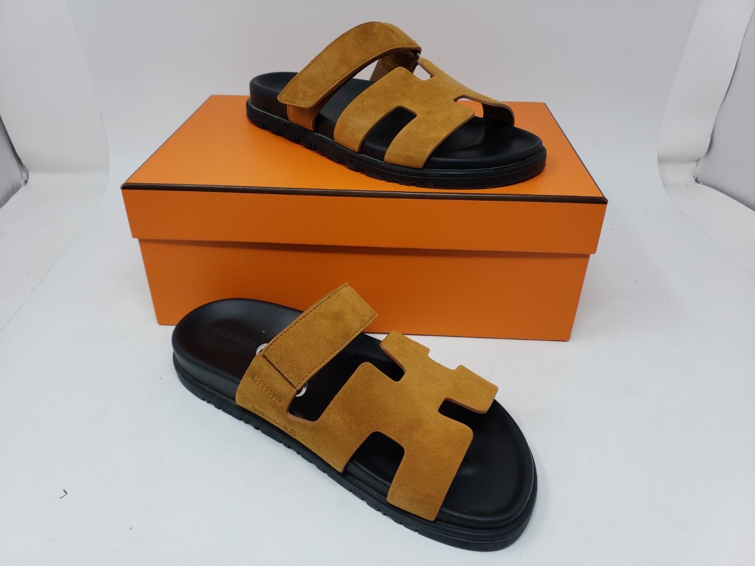 Hermes Chypre Sandals Camel Tan Size 37.5 / US 7 Adjustable w/ Box Dust Bag