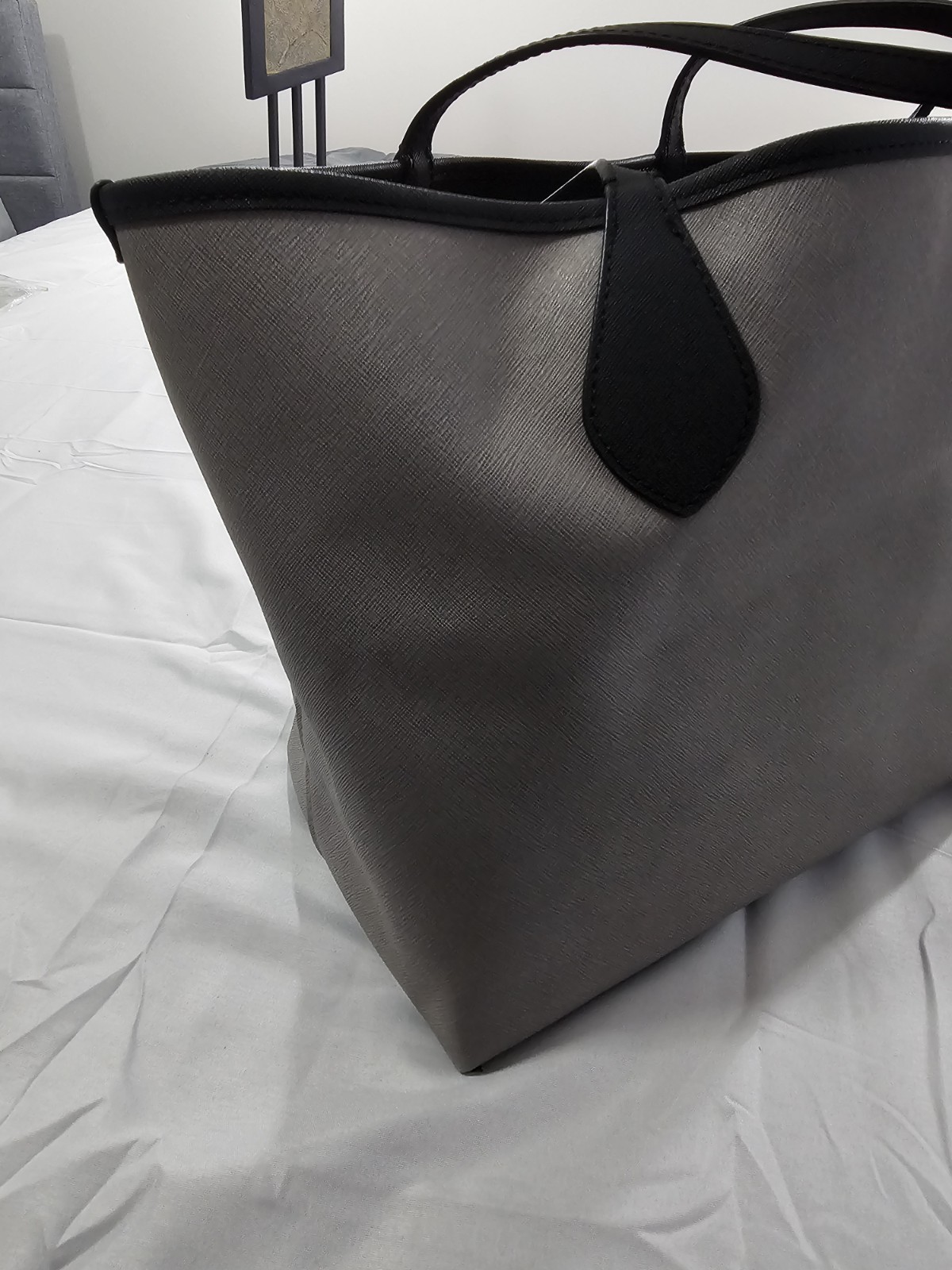 Michael Kors Saige Reversible Tote With Gray Leather Exterior And Black Interior